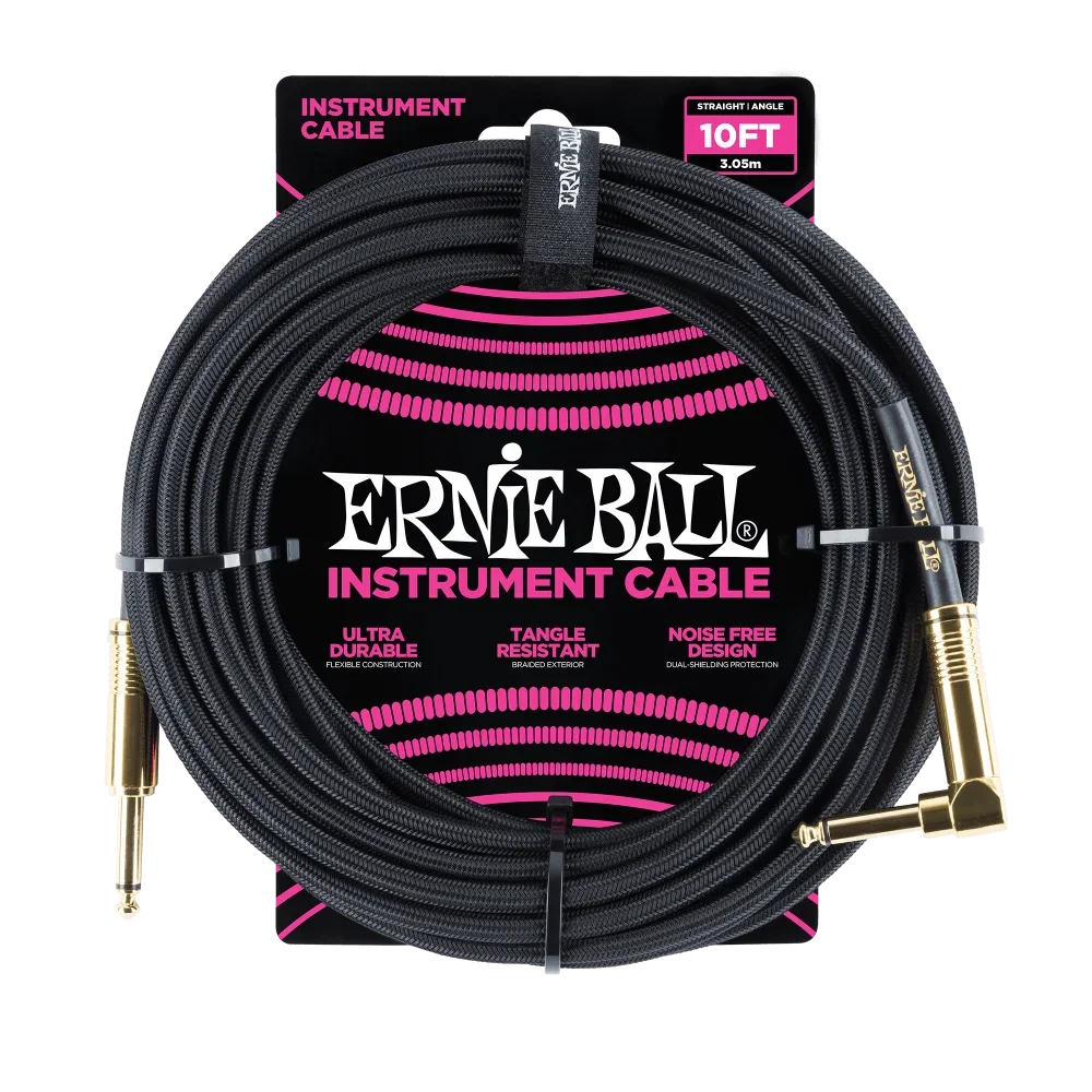 Ernie Ball Braided Instrument Cable Straight/Angle 10ft - Black w/Gold Connectors