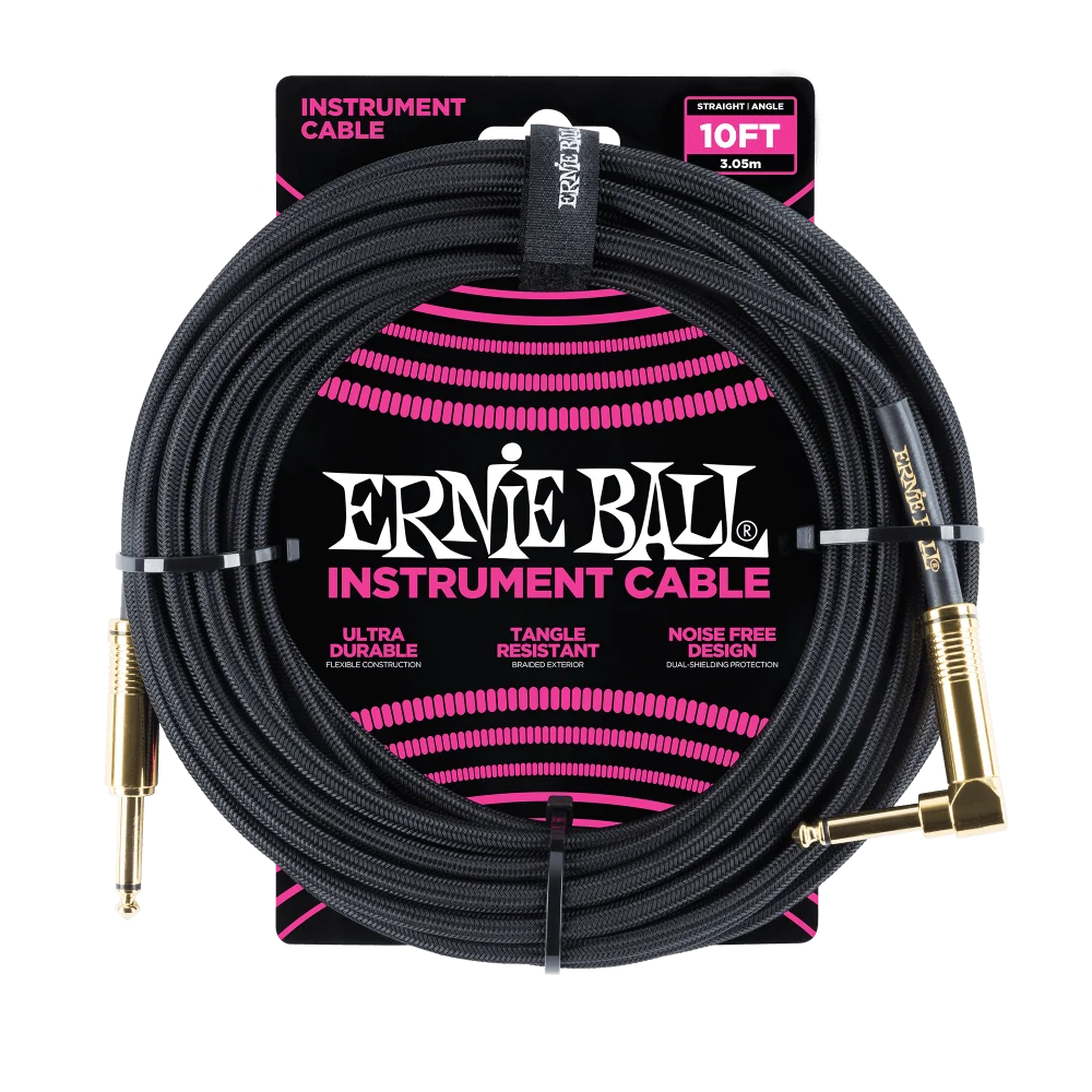 Ernie Ball Braided Instrument Cable Straight/Angle 10ft - Black w/Gold Connectors