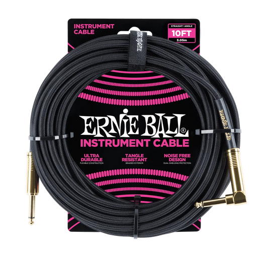 Ernie Ball Braided Instrument Cable Straight/Angle 10ft - Black w/Gold Connectors
