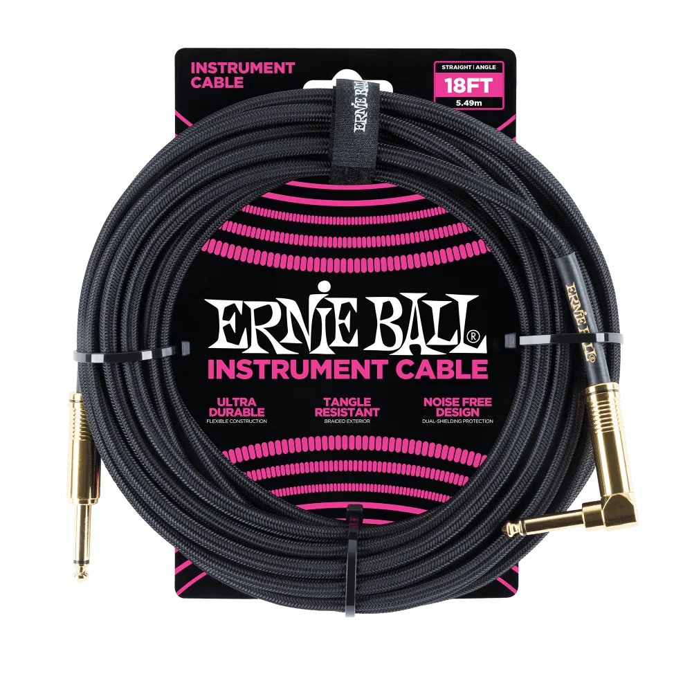 Ernie Ball Braided Instrument Cable Straight/Angle 18ft - Black w/Gold Connectors