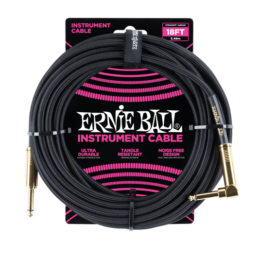 Ernie Ball Braided Instrument Cable Straight/Angle 18ft - Black w/Gold Connectors