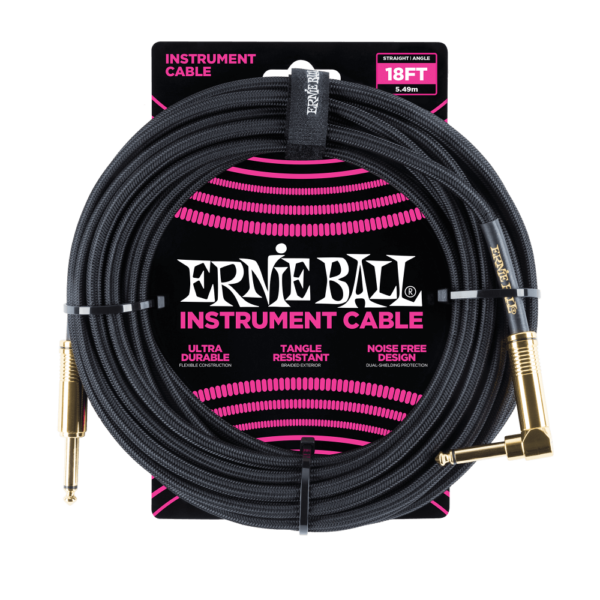 Ernie Ball Braided Instrument Cable Straight/Angle 18ft - Black w/Gold Connectors